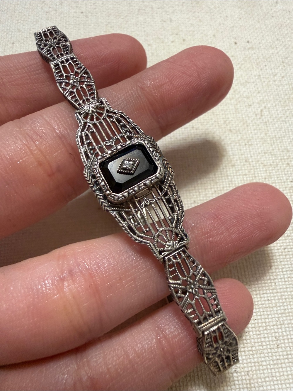 Vintage Antique Sterling Silver Filigree Bracelet W/Diamond & Black Dial 7.5’